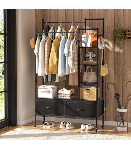 Amazon｜ハンガーラック 木製 パイプハンガー ワードローブ